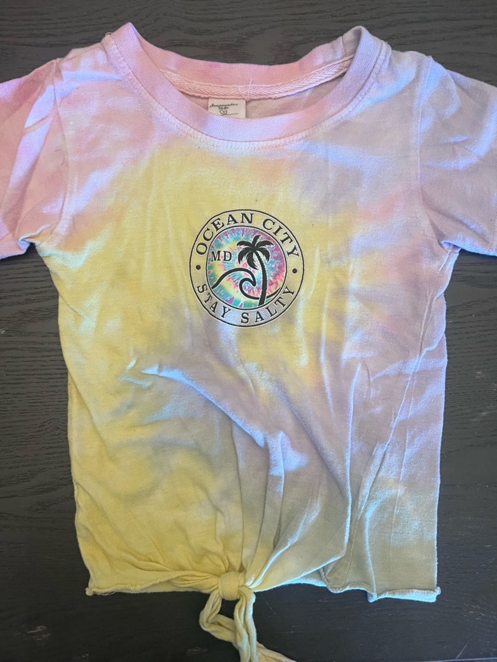 Kids Ocean City MD Stay Salty Tie-Dye Palm Logo Tie-Front Tee